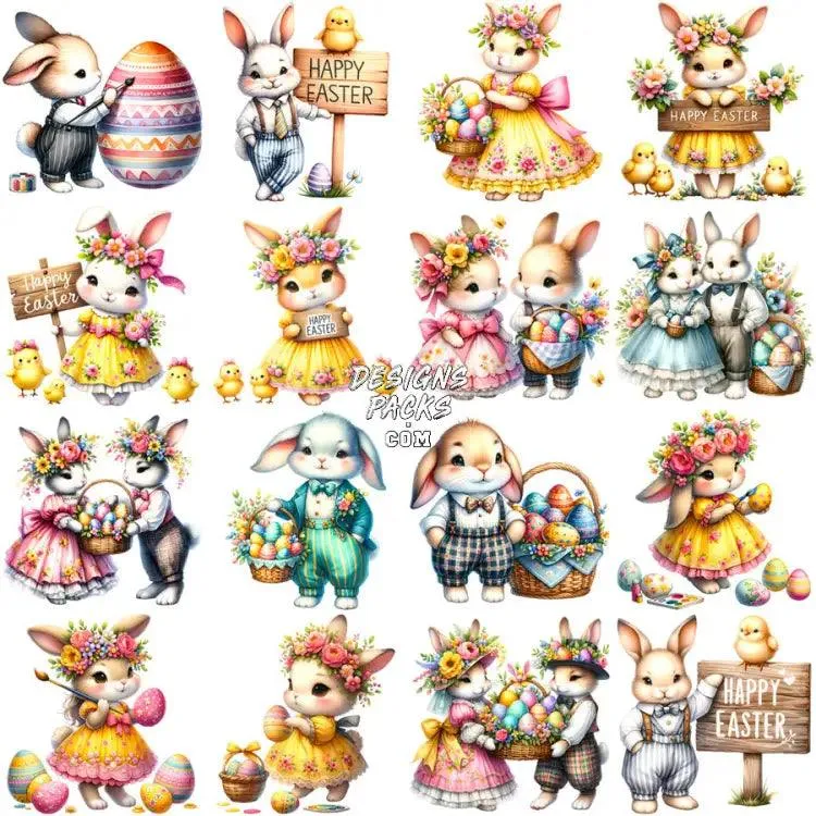 34 Cute Easter Day Eggs Bunny Designs Bundle PNG