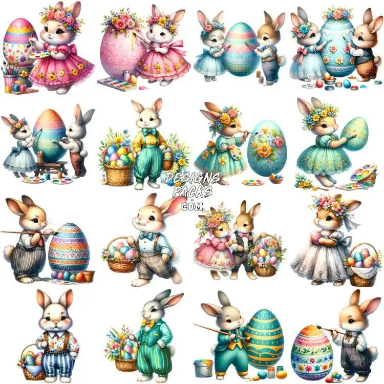 34 Cute Easter Day Eggs Bunny Designs Bundle PNG