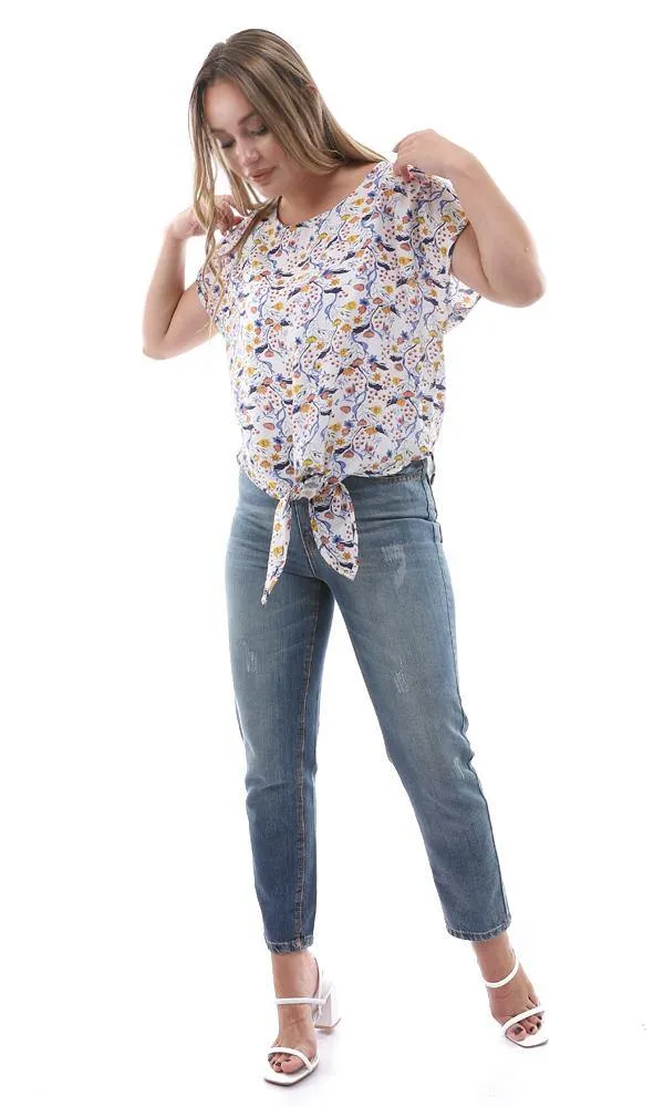 94733 Cap Sleeves Floral Blouse With Front Tie - Blue & Yellow