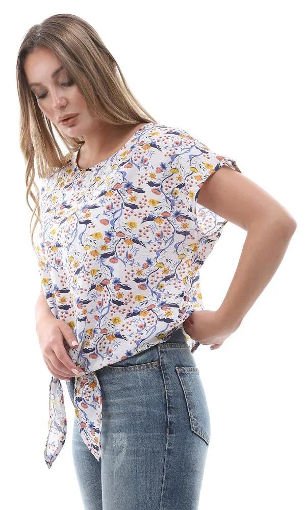 94733 Cap Sleeves Floral Blouse With Front Tie - Blue & Yellow
