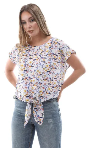 94733 Cap Sleeves Floral Blouse With Front Tie - Blue & Yellow