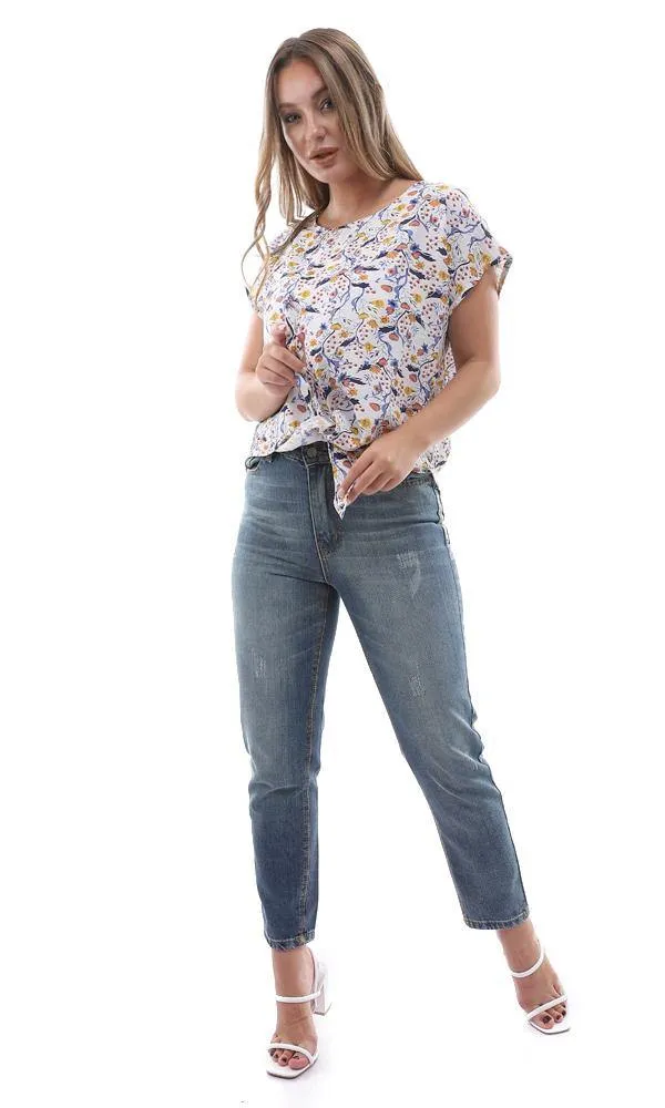 94733 Cap Sleeves Floral Blouse With Front Tie - Blue & Yellow