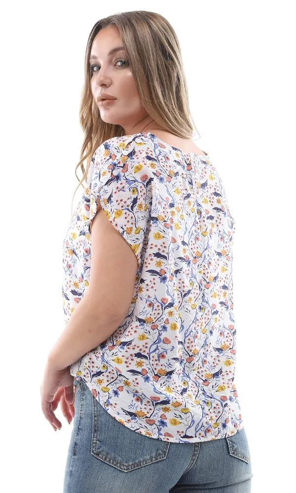94733 Cap Sleeves Floral Blouse With Front Tie - Blue & Yellow