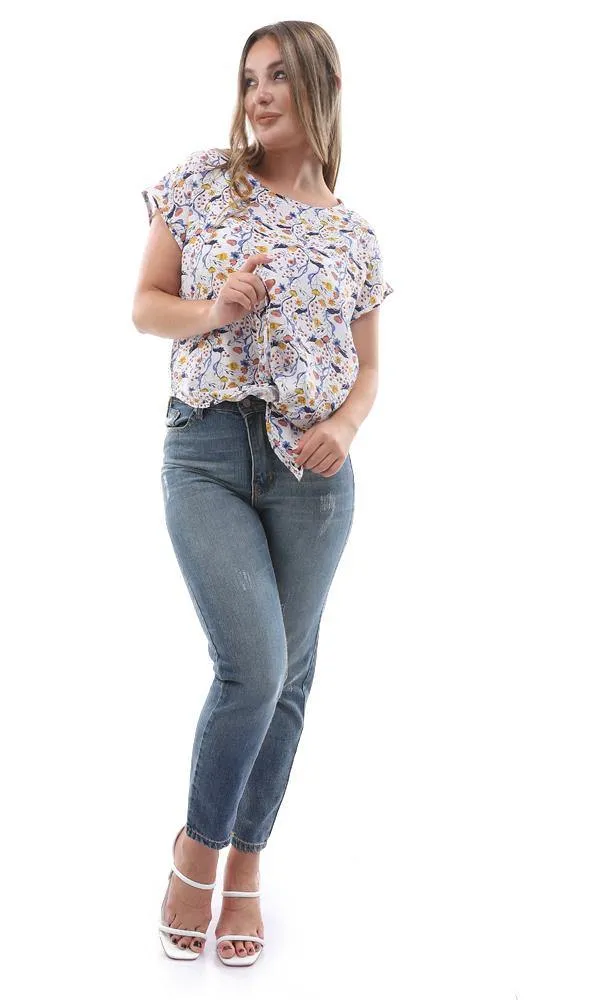 94733 Cap Sleeves Floral Blouse With Front Tie - Blue & Yellow