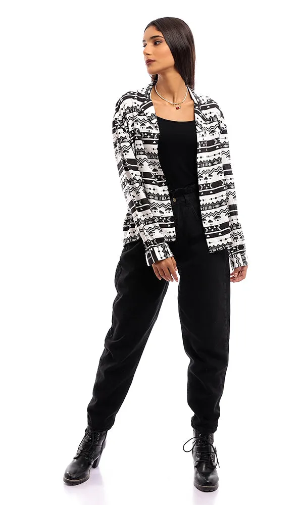95474 Geometric Pattern Rayon Trendy Cardigan - Black & White