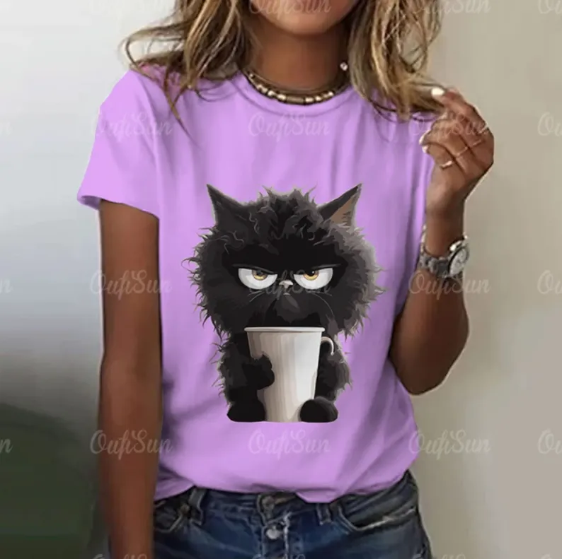 Angry Cat Print T-Shirts
