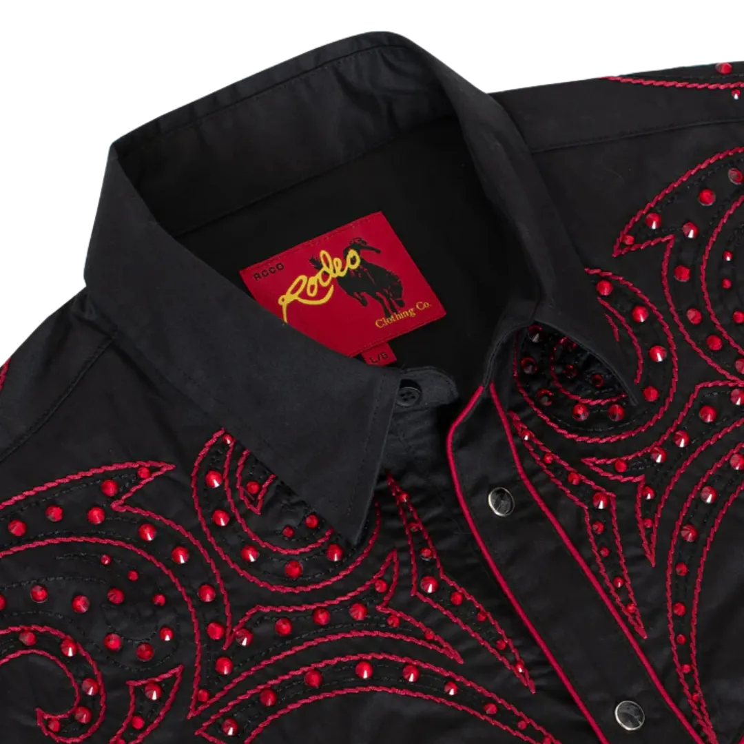 Avalon Men's Western Cowboy Embroidery Black And Red Shirt