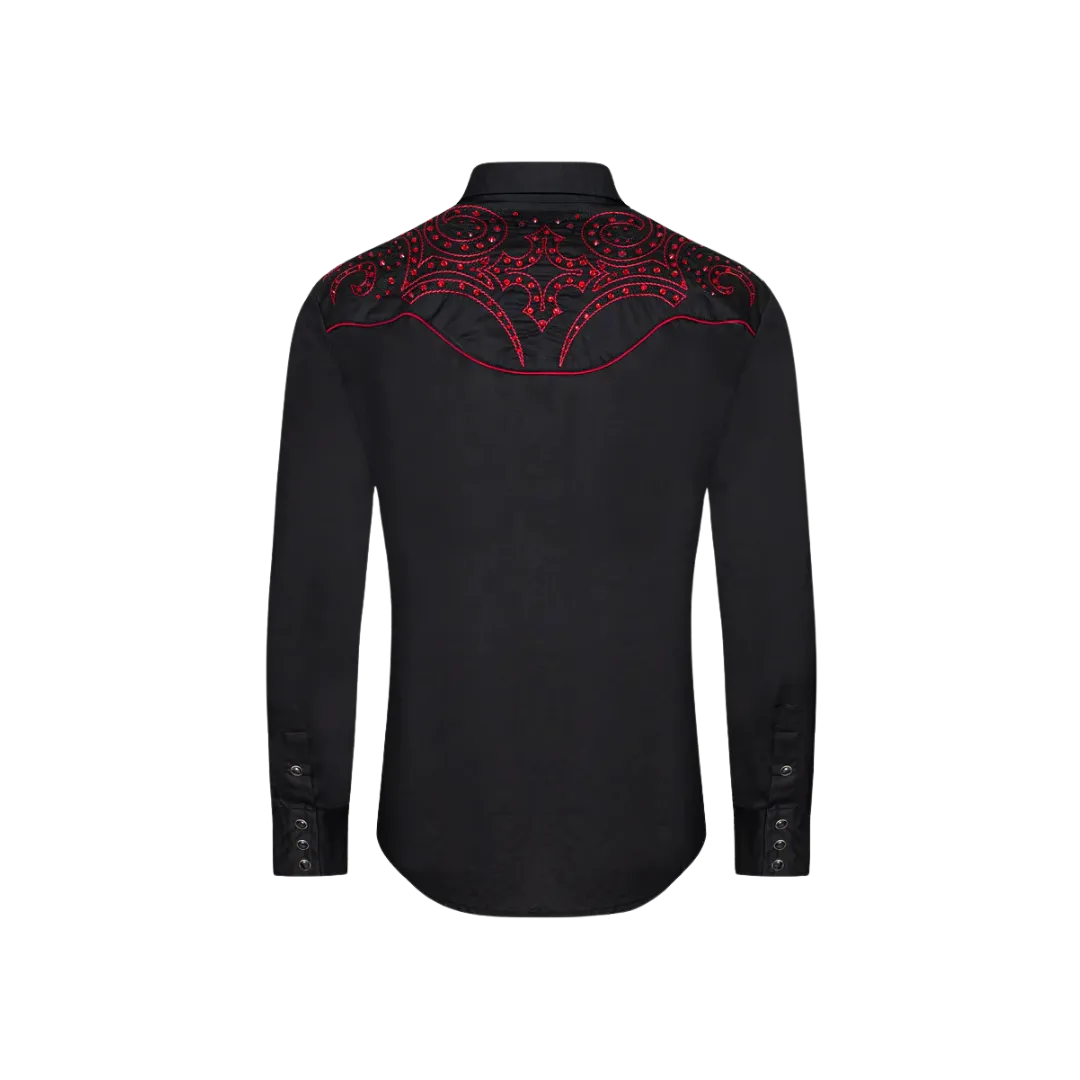 Avalon Men's Western Cowboy Embroidery Black And Red Shirt