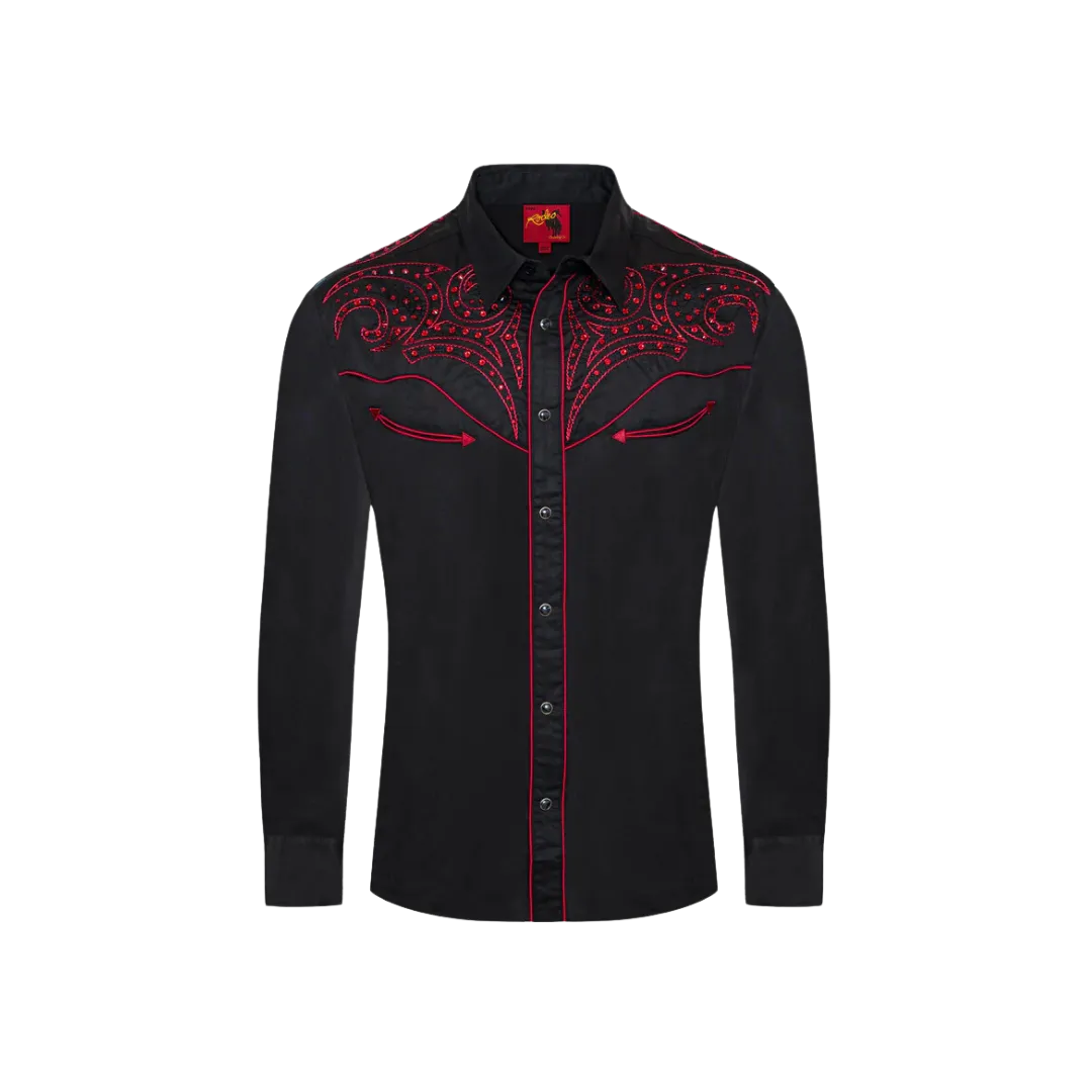 Avalon Men's Western Cowboy Embroidery Black And Red Shirt