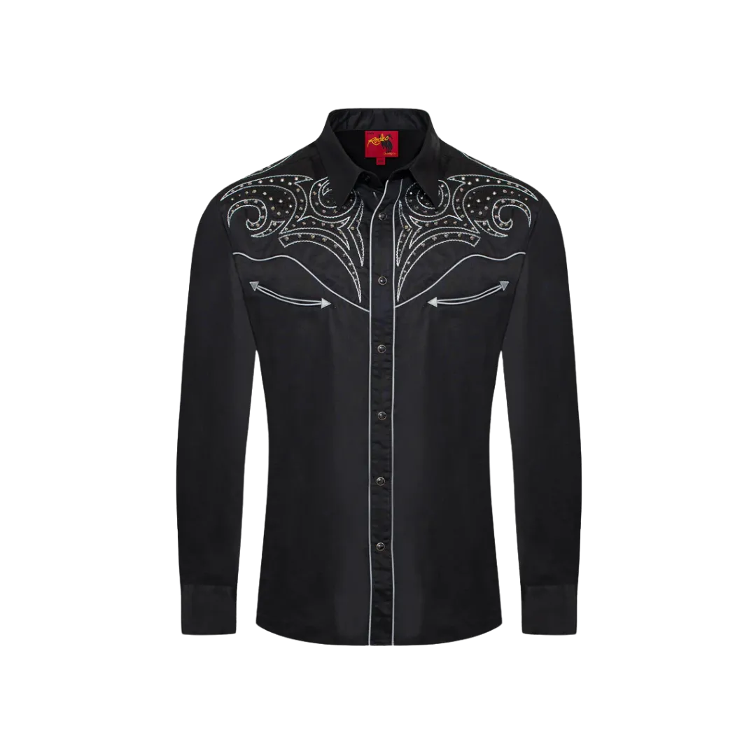 Avalon Men's Western Cowboy Embroidery Black Shirt