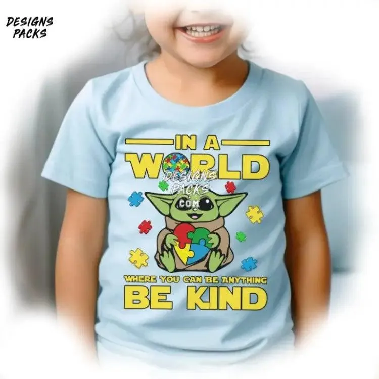 Baby Yoda Autism Awareness Dr.Suesss Day In a World Where You Can Be Anything Be Kind PNG Design