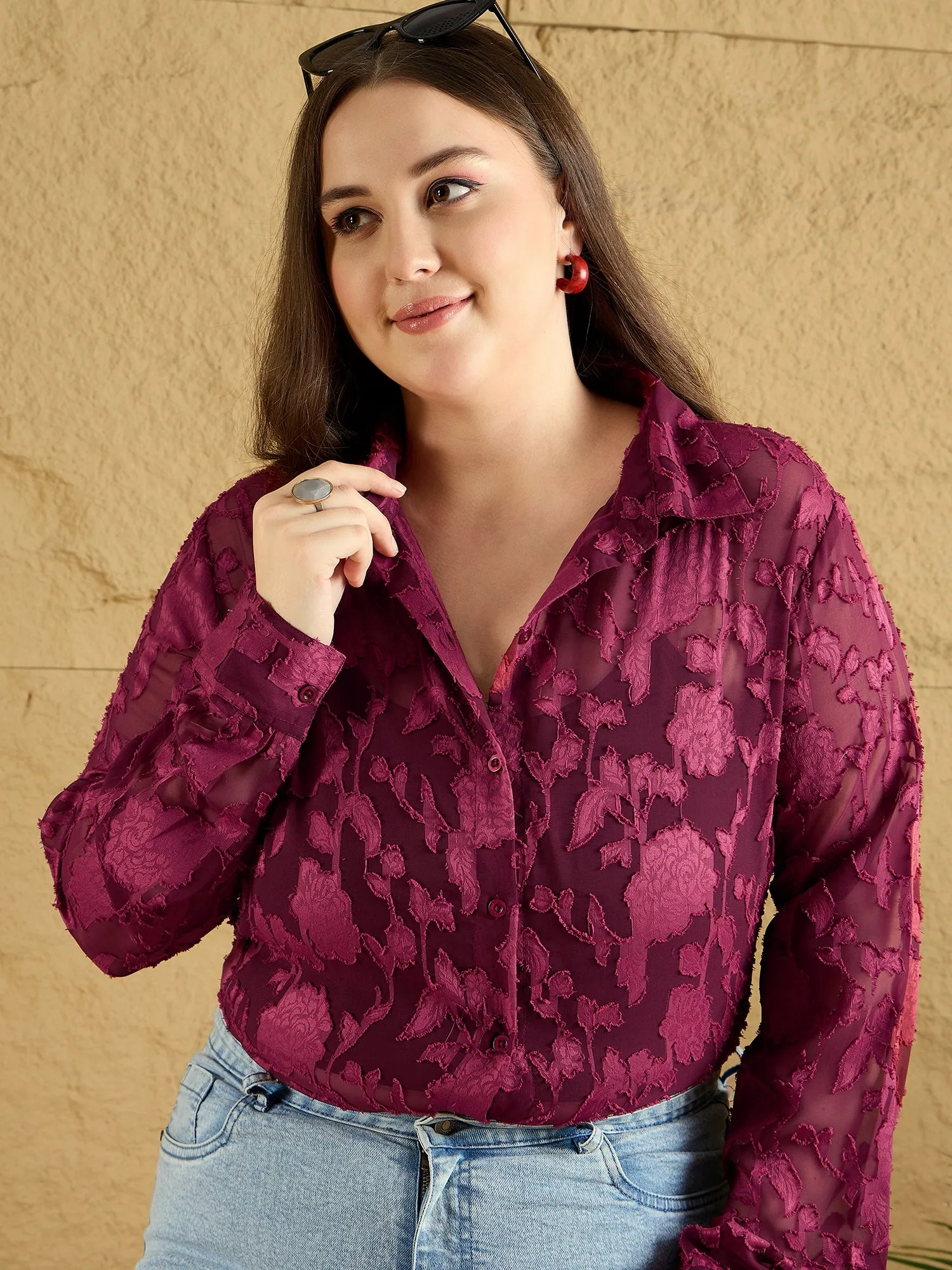 Berrylush Curve Women Maroon Floral Printed Spread Collar Neck Bishop Sleeves Button-Up Regular Shirt