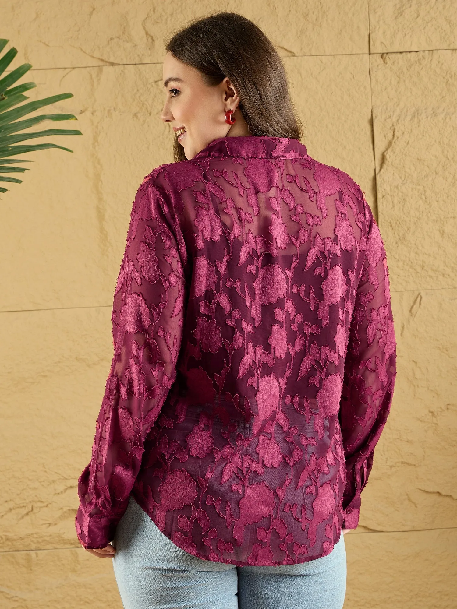 Berrylush Curve Women Maroon Floral Printed Spread Collar Neck Bishop Sleeves Button-Up Regular Shirt