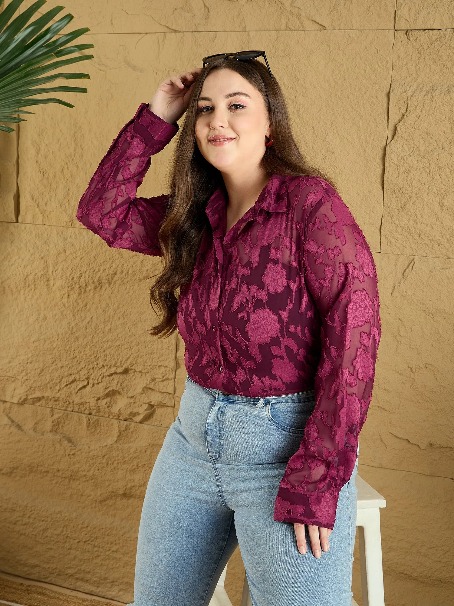 Berrylush Curve Women Maroon Floral Printed Spread Collar Neck Bishop Sleeves Button-Up Regular Shirt