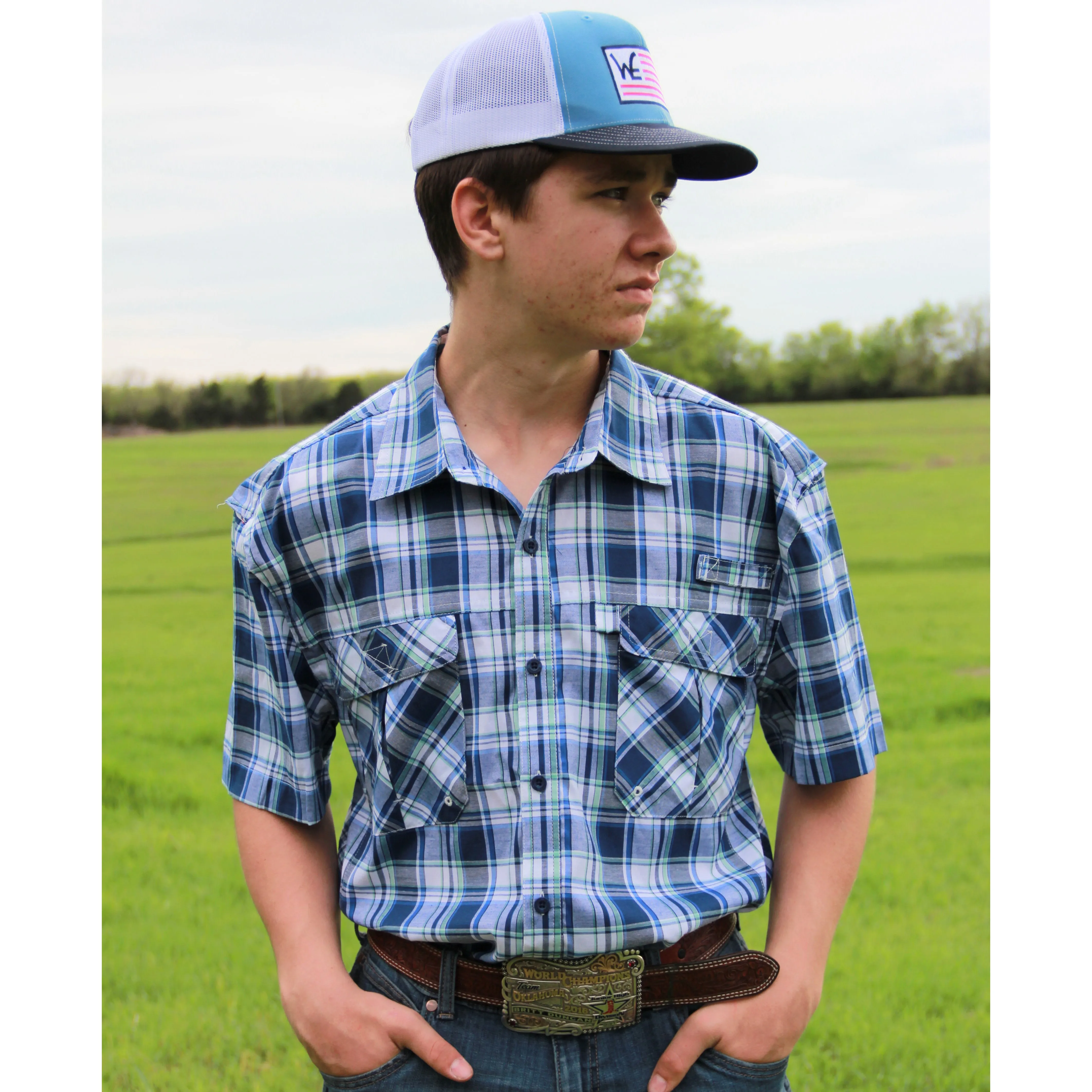 Blue Plaid Short Sleeve Fishing Shirt