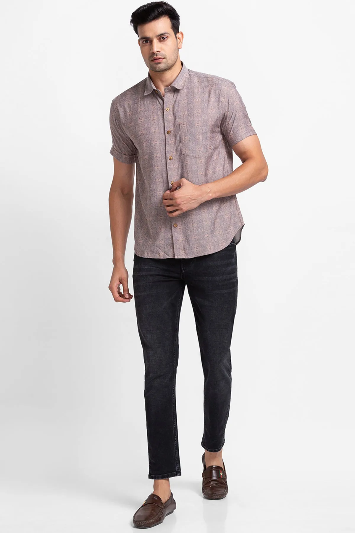 Brown Denim Look Digital Print Shirt