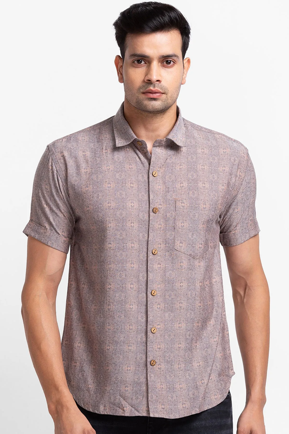 Brown Denim Look Digital Print Shirt