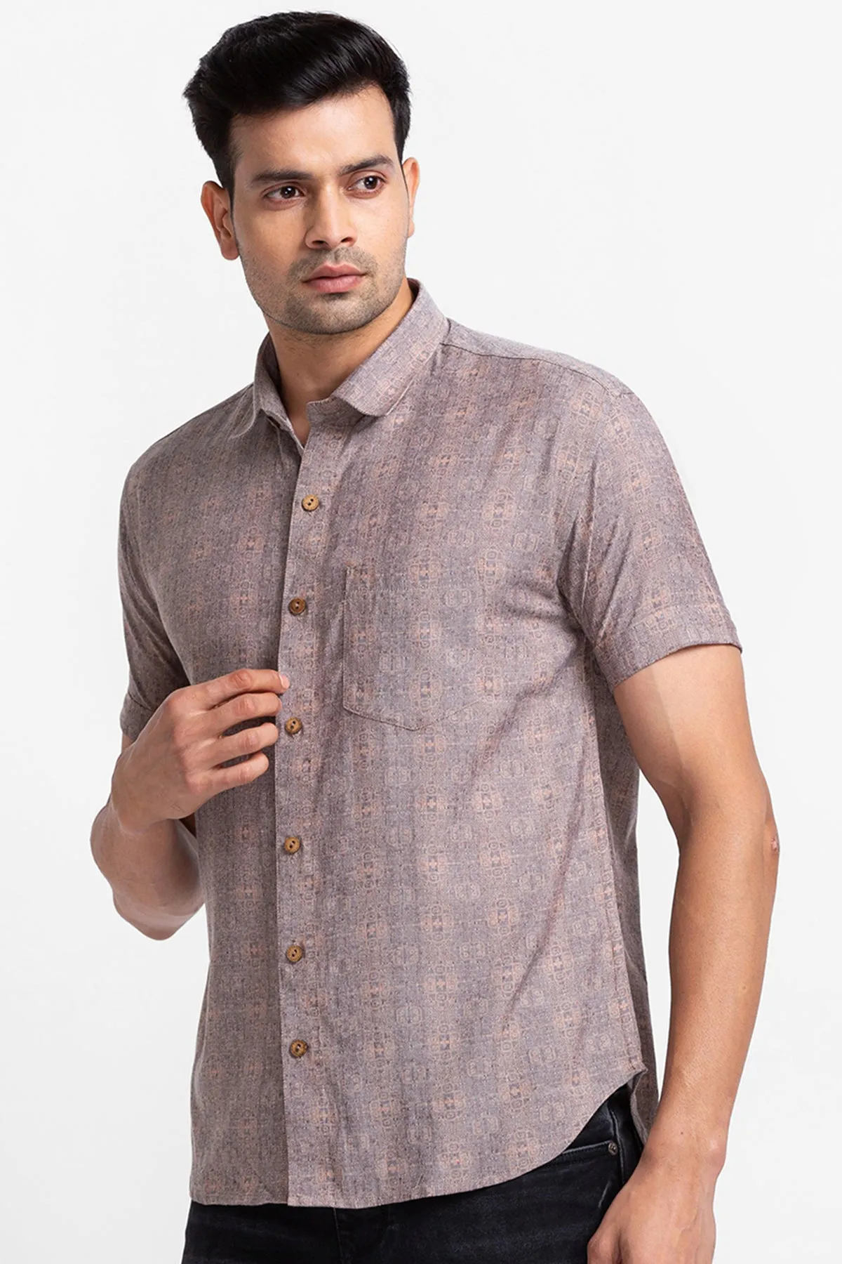 Brown Denim Look Digital Print Shirt