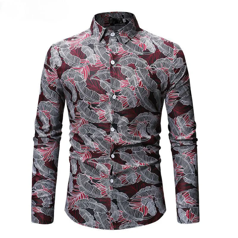 Casual Long Sleeve Hawaiian Leaf Print Men Shirt