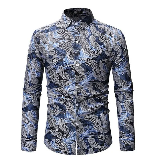 Casual Long Sleeve Hawaiian Leaf Print Men Shirt