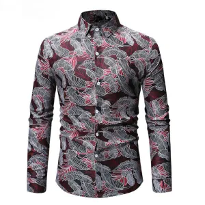 Casual Long Sleeve Hawaiian Leaf Print Men Shirt