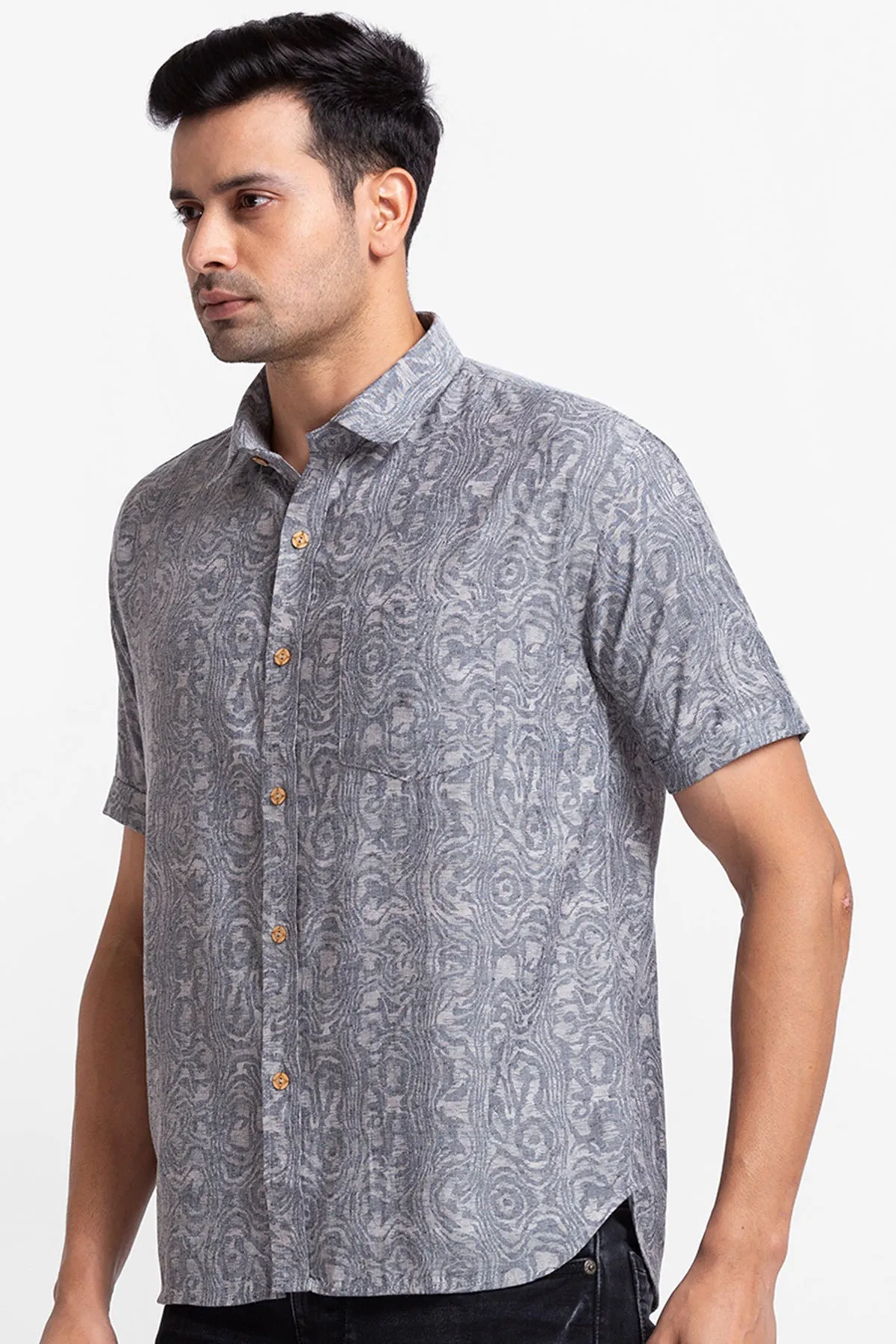 Charcoal Denim Look Digital Print Shirt