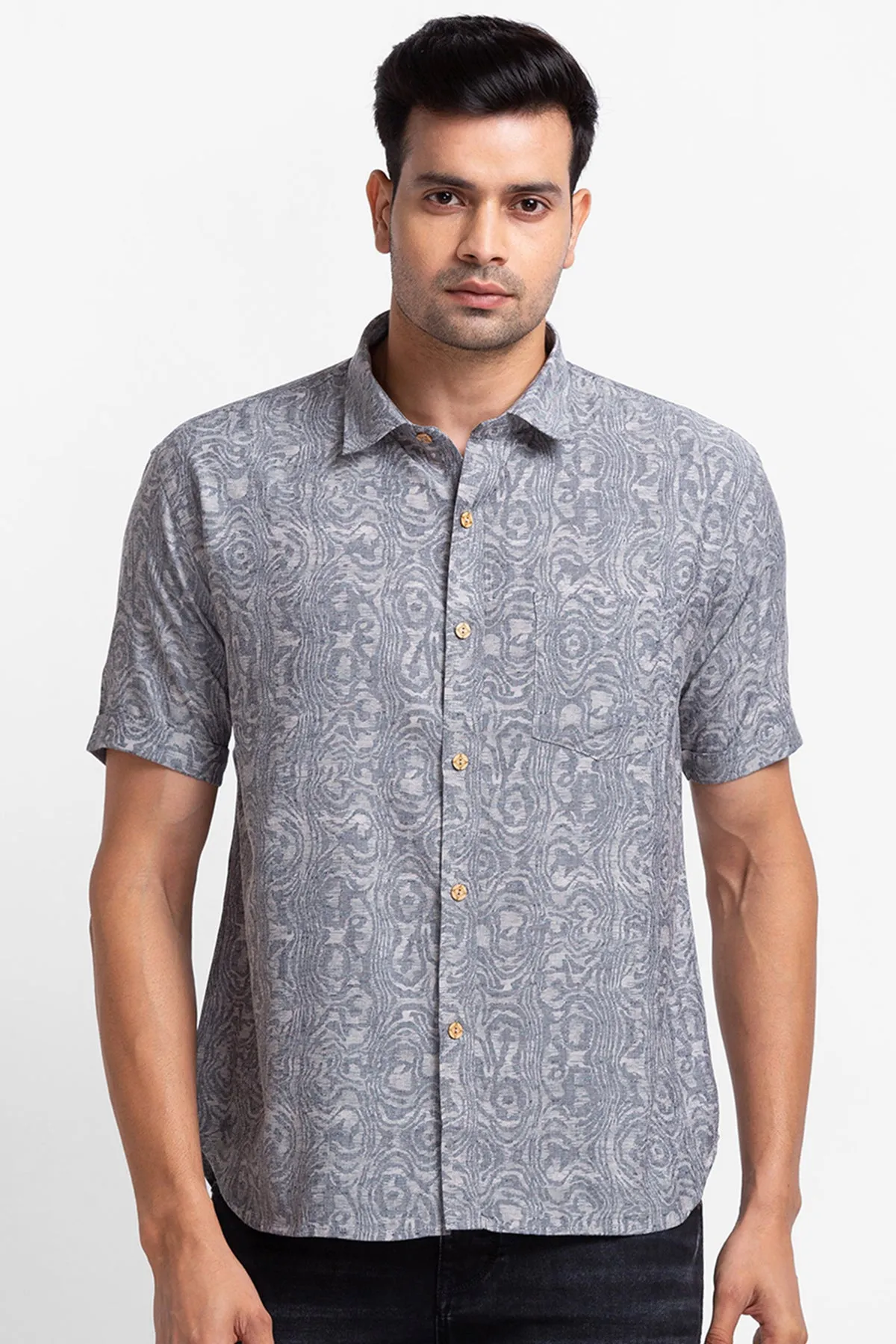 Charcoal Denim Look Digital Print Shirt