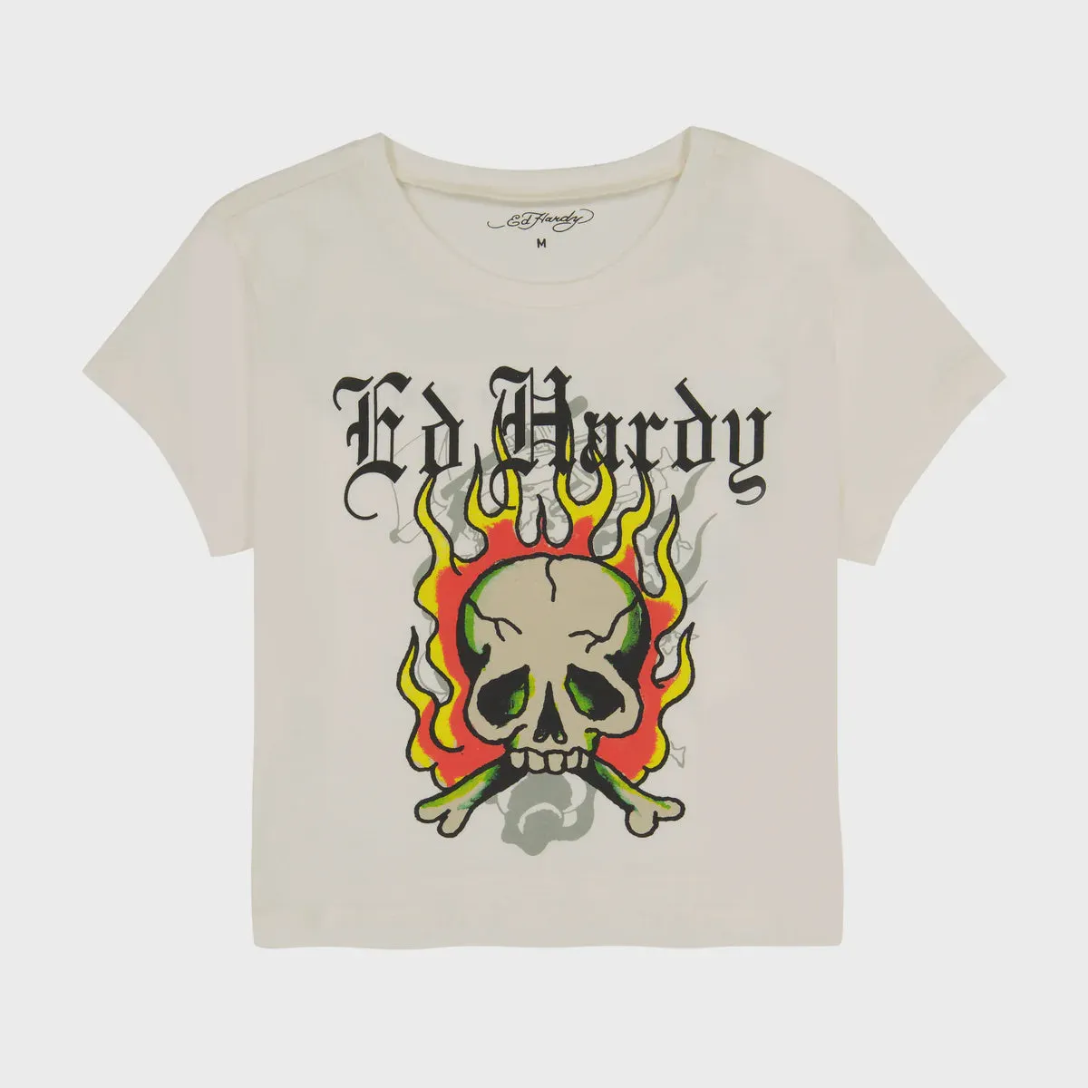 Ed Hardy Rhinestone Flame Skull SS Tee - Ivory
