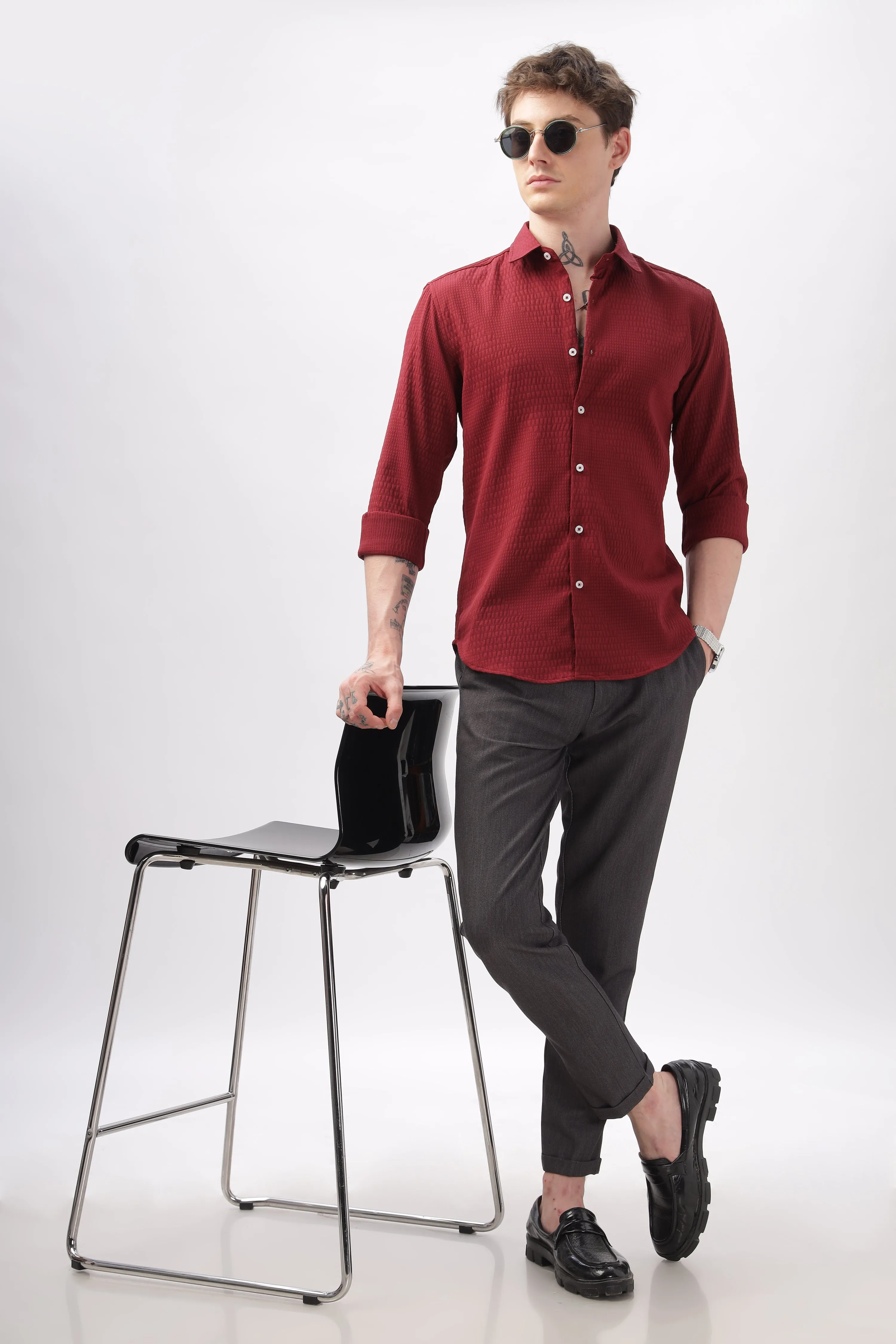 Faux Alligator Print Maroon Textured Shirt
