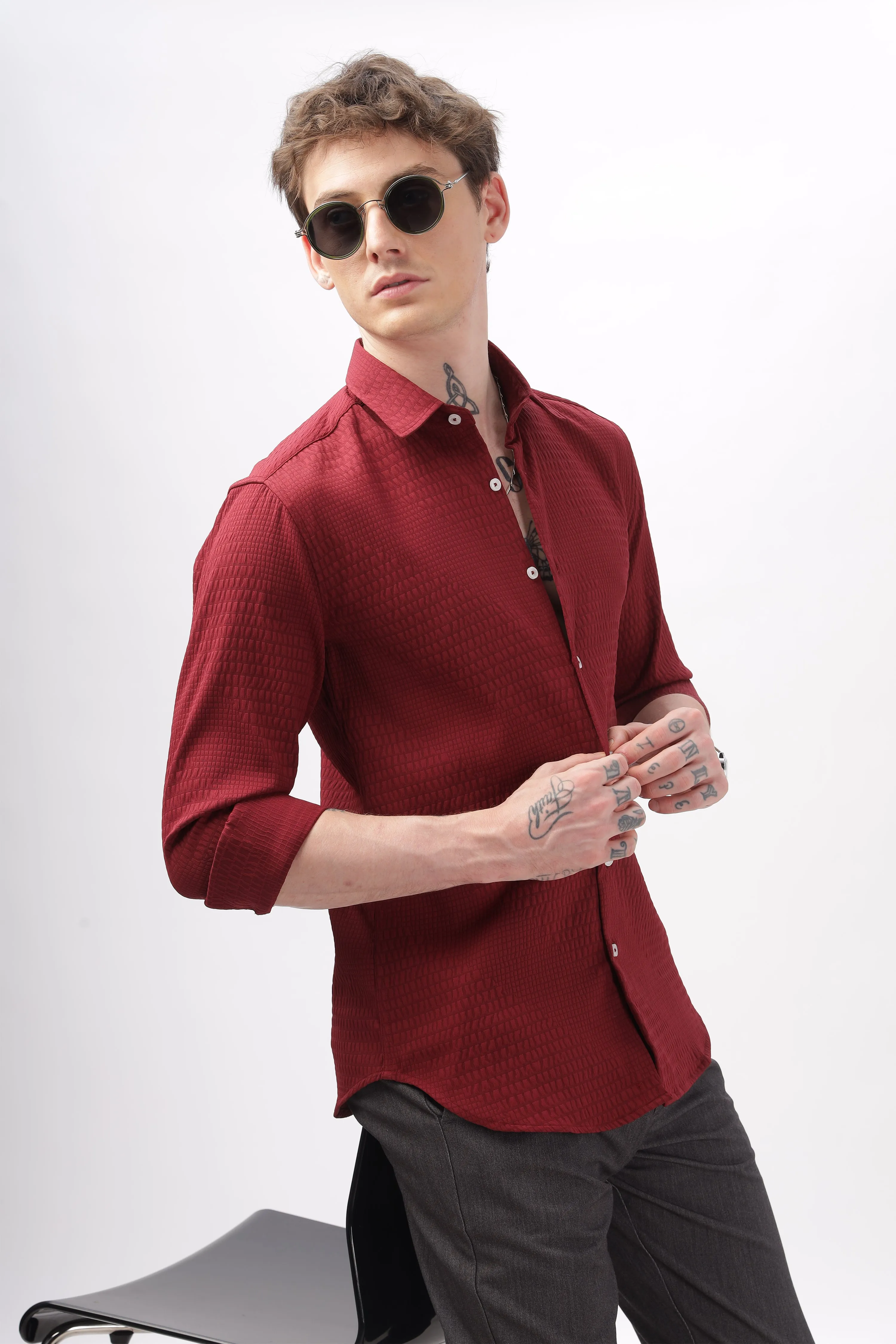 Faux Alligator Print Maroon Textured Shirt