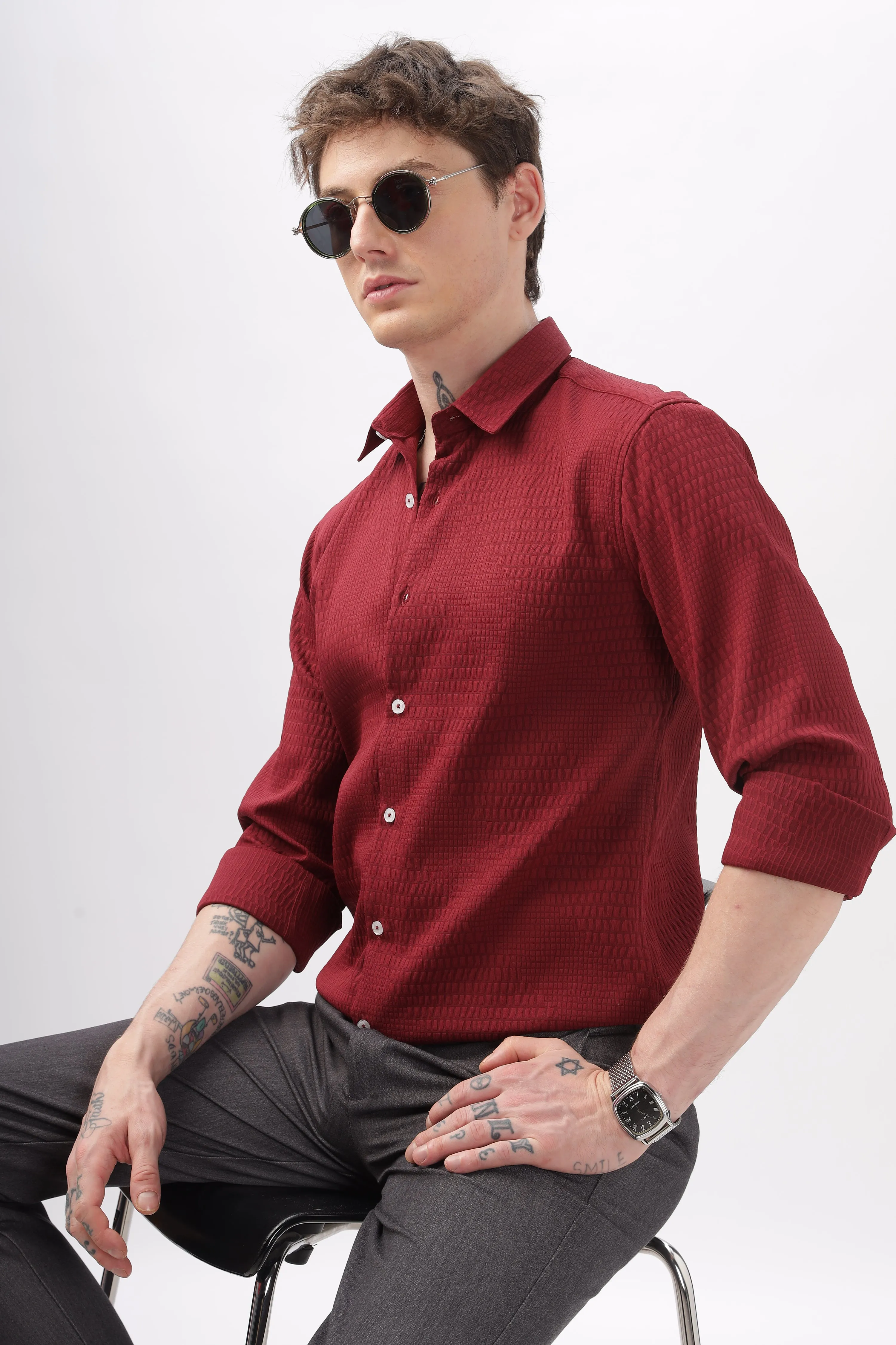 Faux Alligator Print Maroon Textured Shirt