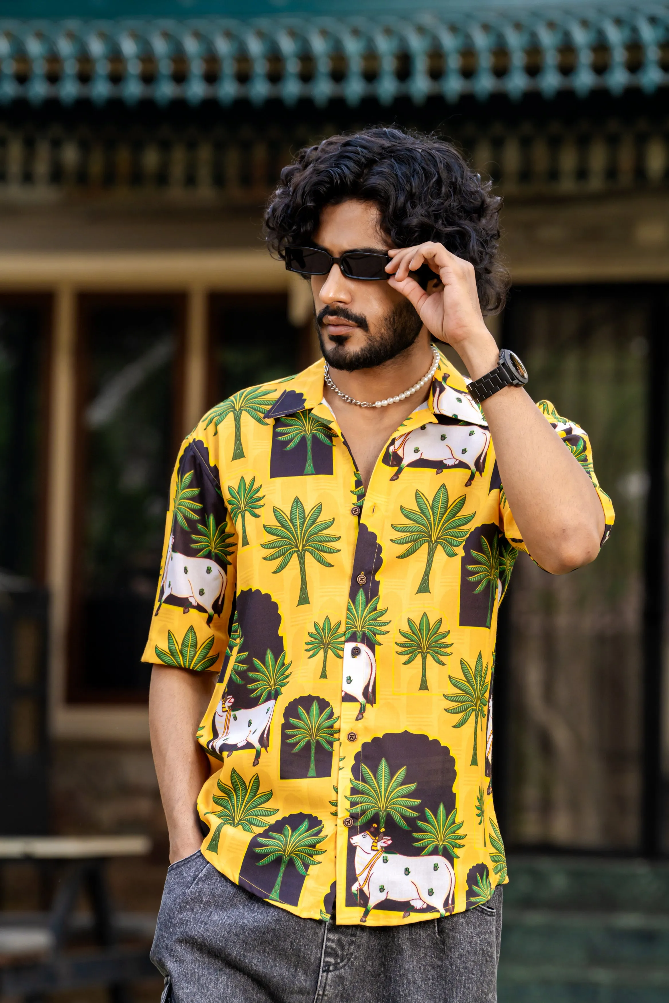 Firangi Yarn Cuban Collar Fusion Printed Oversize Shirt - Pichwai Yellow