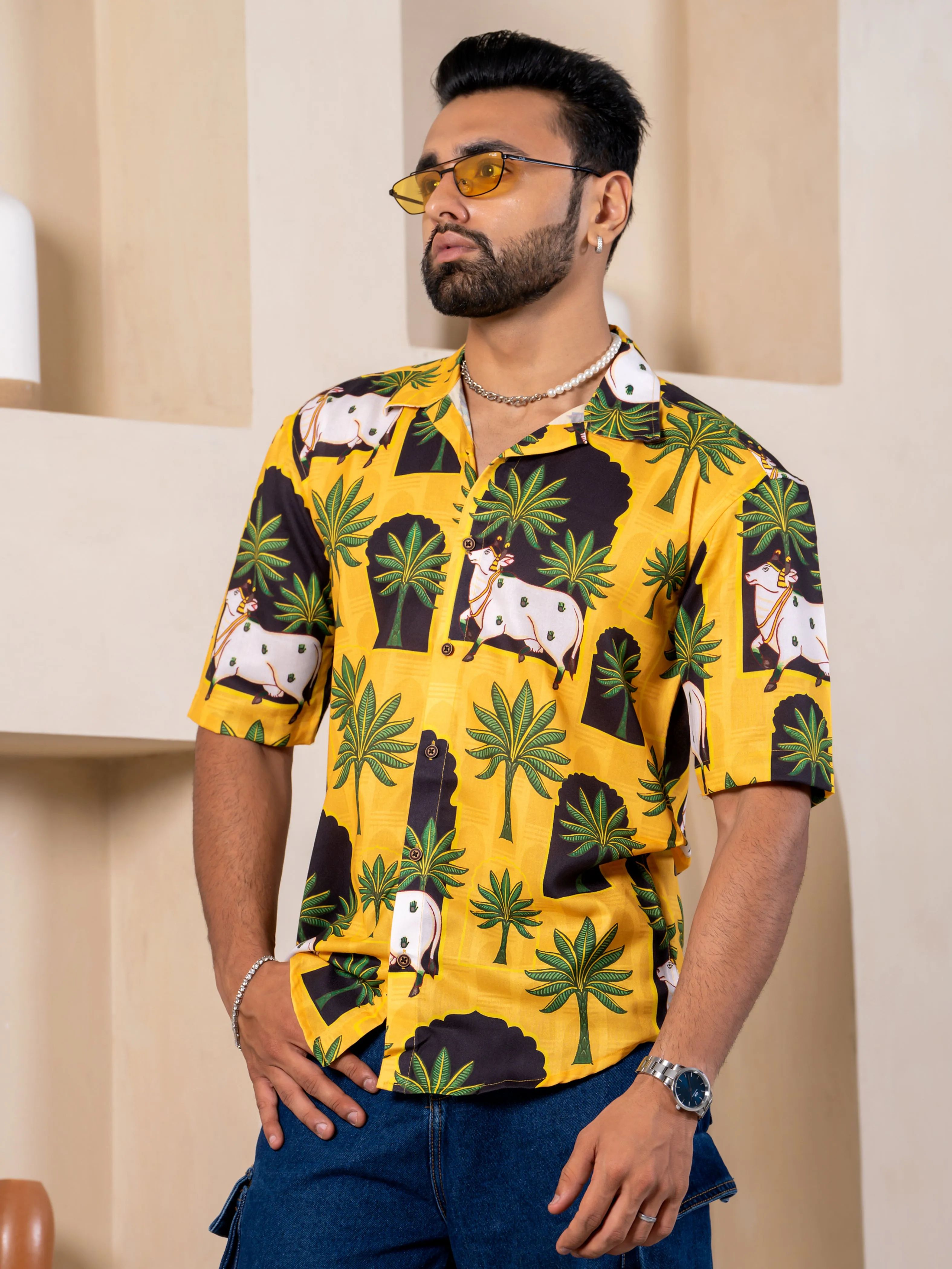 Firangi Yarn Cuban Collar Fusion Printed Oversize Shirt - Pichwai Yellow