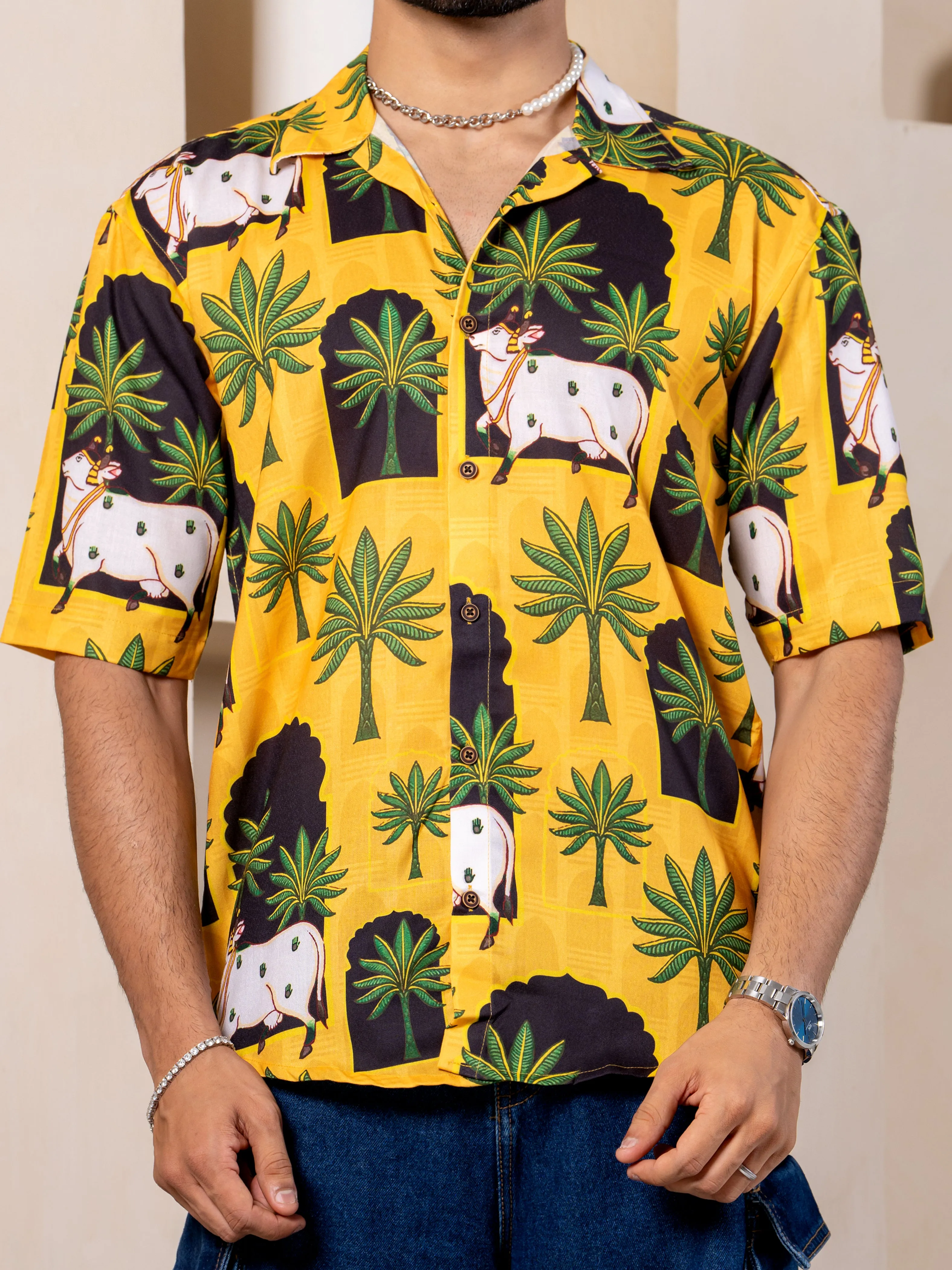 Firangi Yarn Cuban Collar Fusion Printed Oversize Shirt - Pichwai Yellow