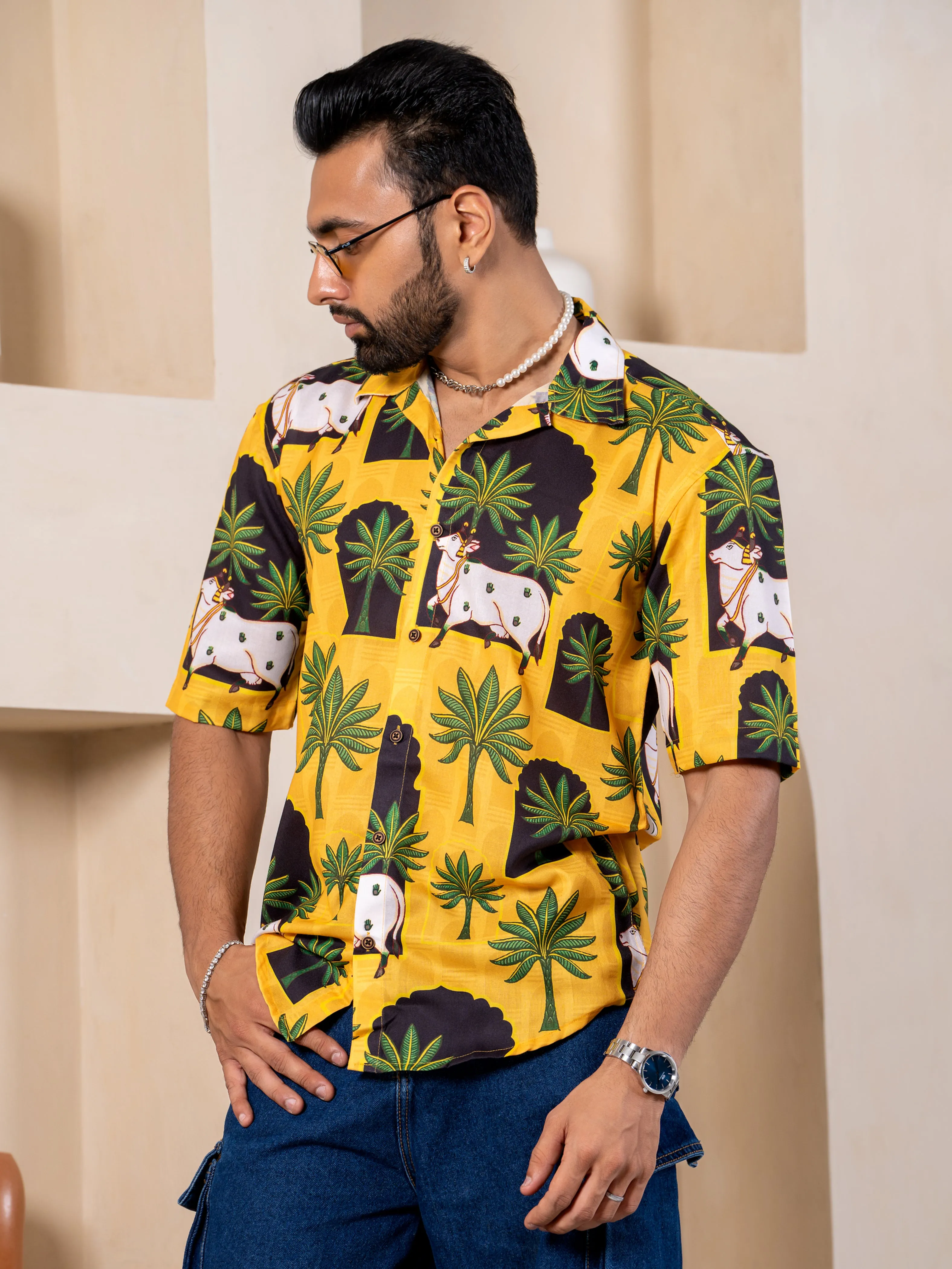 Firangi Yarn Cuban Collar Fusion Printed Oversize Shirt - Pichwai Yellow