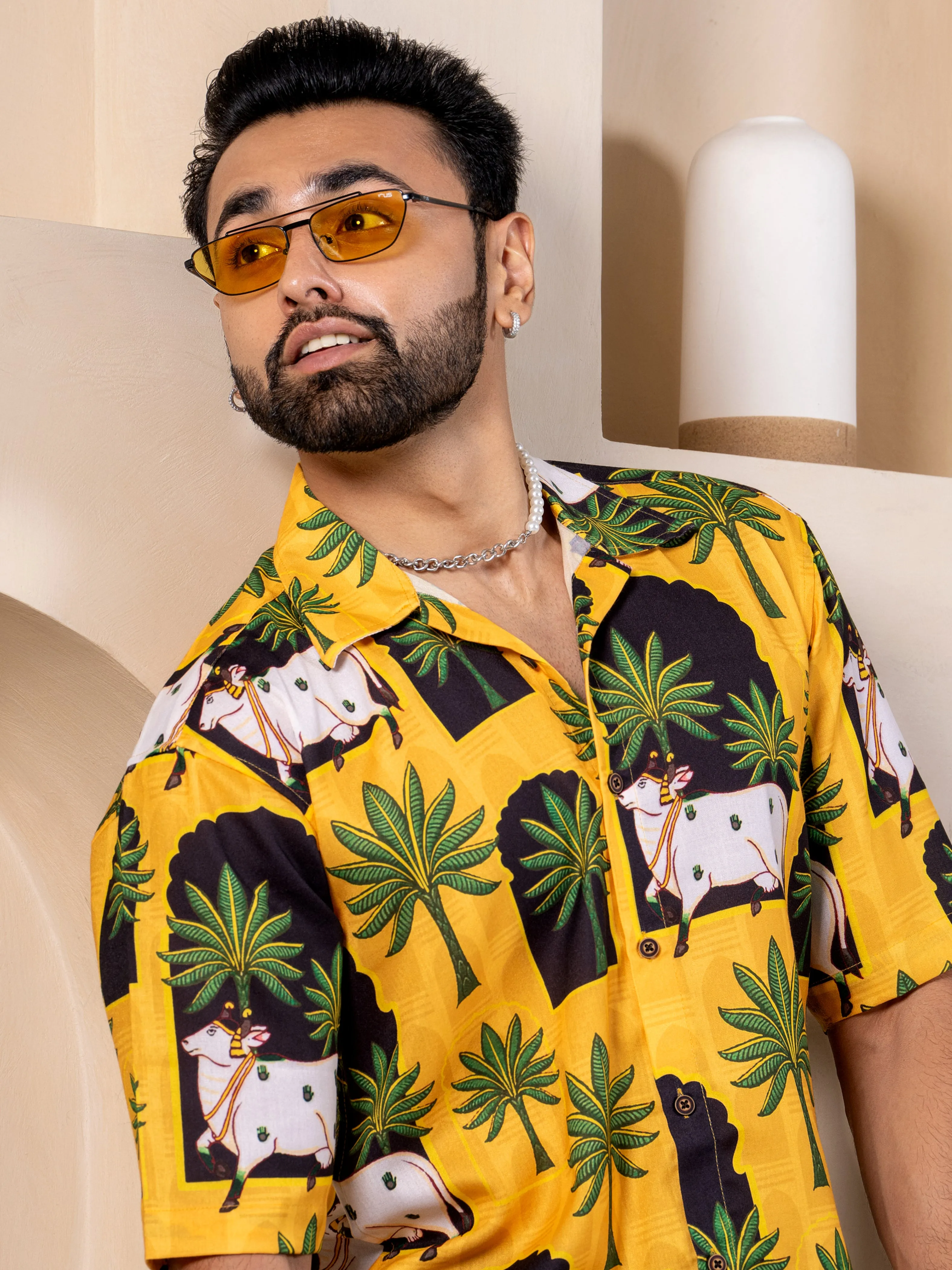 Firangi Yarn Cuban Collar Fusion Printed Oversize Shirt - Pichwai Yellow