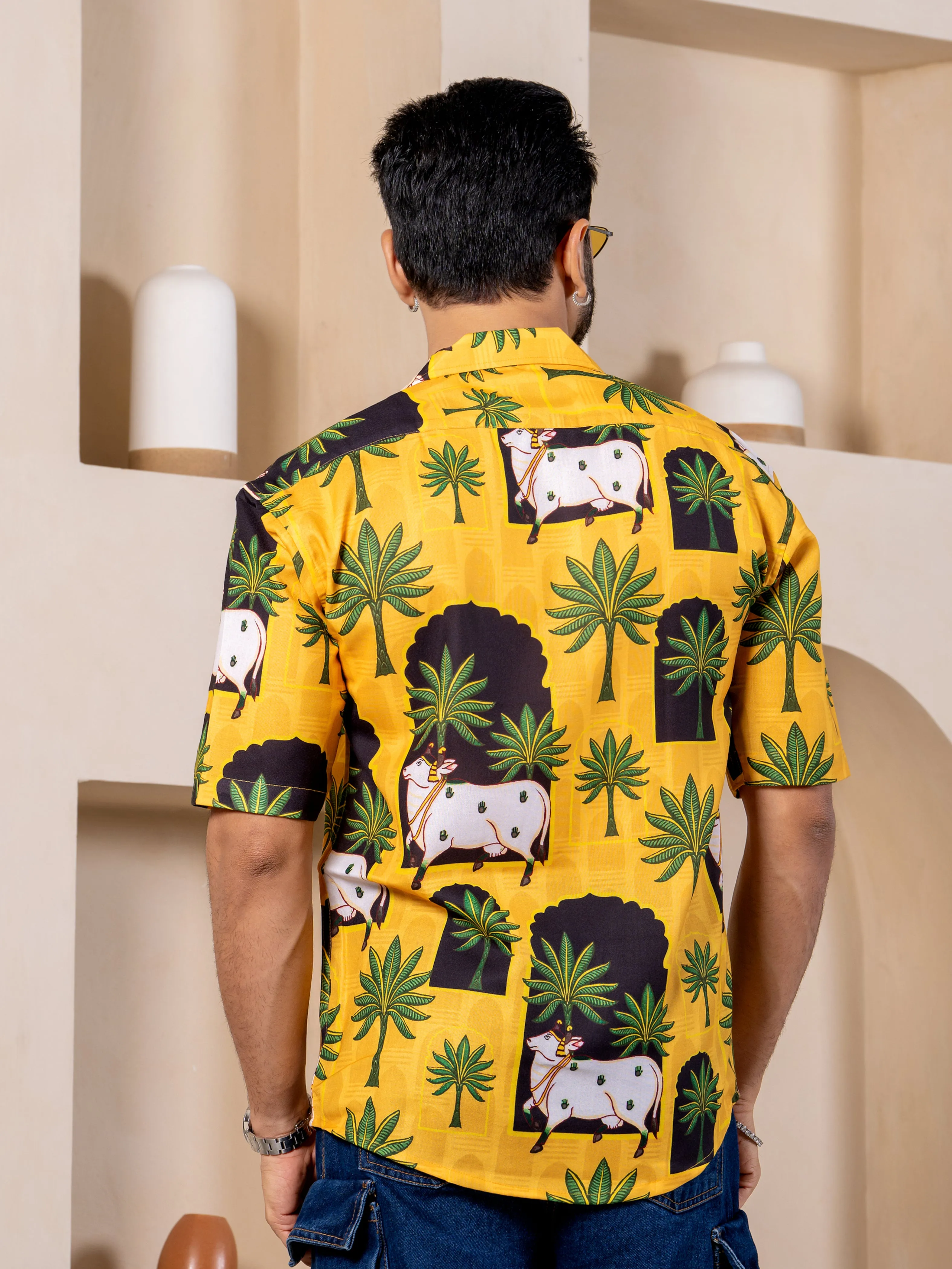 Firangi Yarn Cuban Collar Fusion Printed Oversize Shirt - Pichwai Yellow