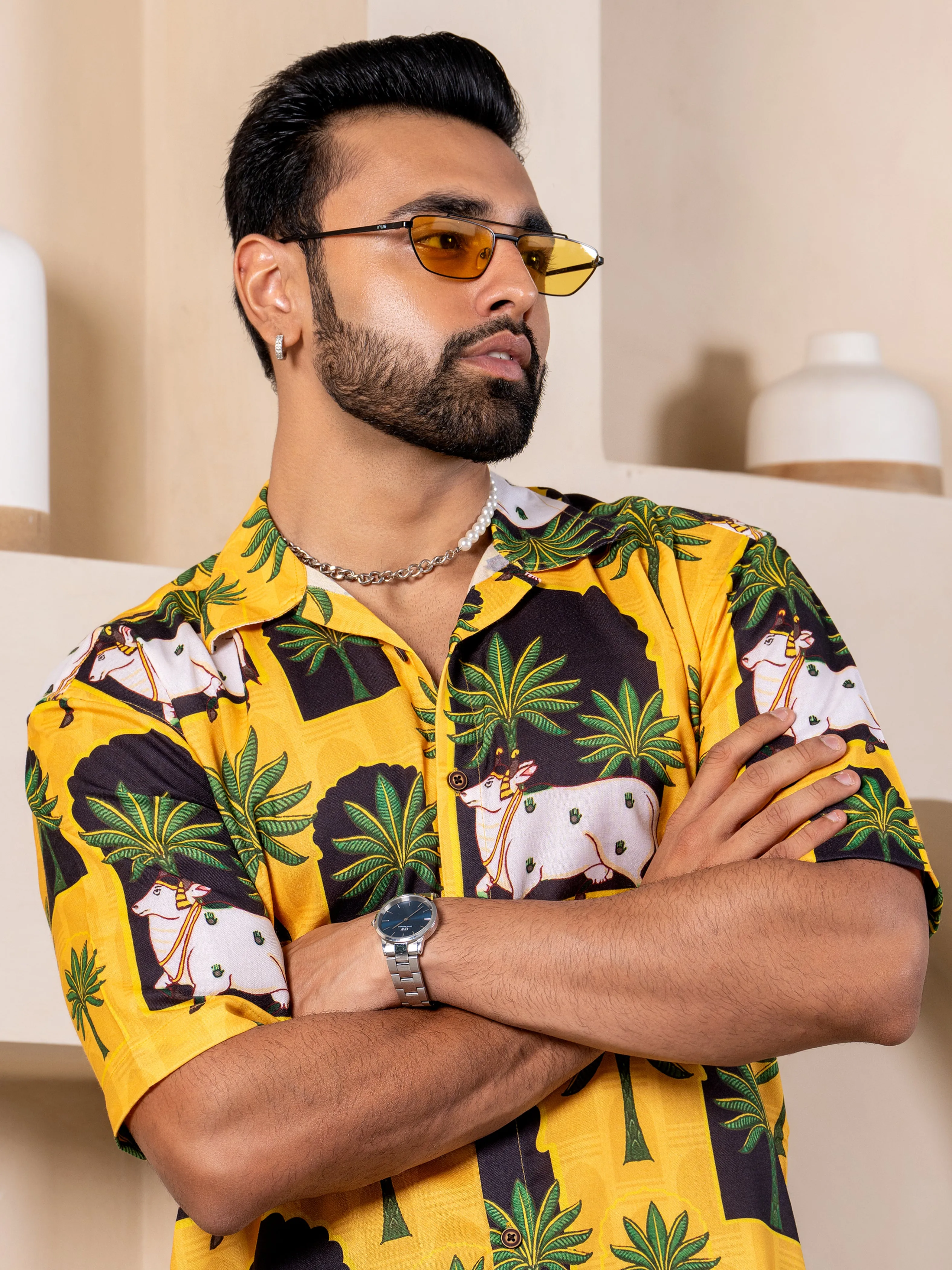Firangi Yarn Cuban Collar Fusion Printed Oversize Shirt - Pichwai Yellow