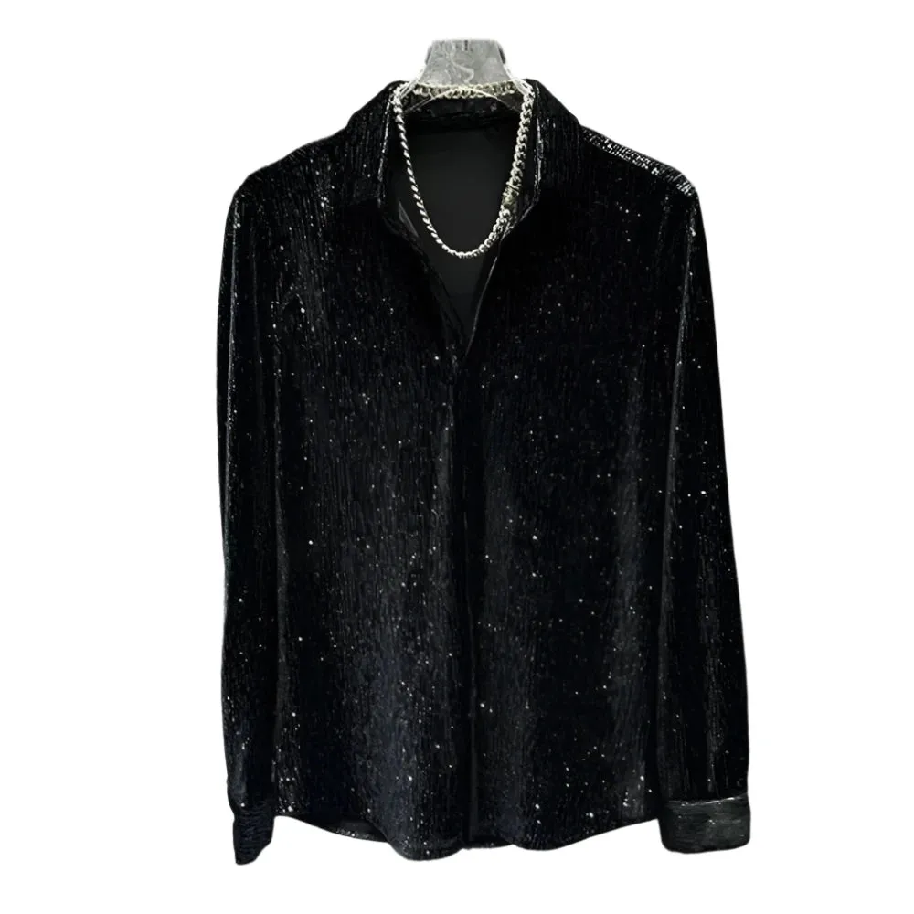 Gold Velvet Long-Sleeve Casual Shirt – Shiny Slim Fit Performance Top for Youth, Genderless Spring and Autumn Fashion