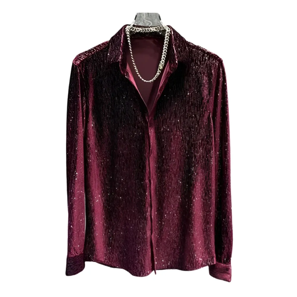 Gold Velvet Long-Sleeve Casual Shirt – Shiny Slim Fit Performance Top for Youth, Genderless Spring and Autumn Fashion