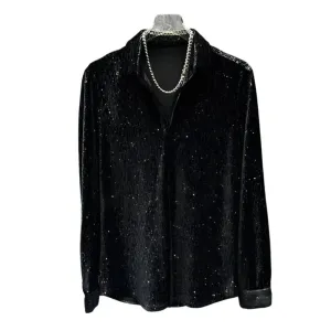 Gold Velvet Long-Sleeve Casual Shirt – Shiny Slim Fit Performance Top for Youth, Genderless Spring and Autumn Fashion