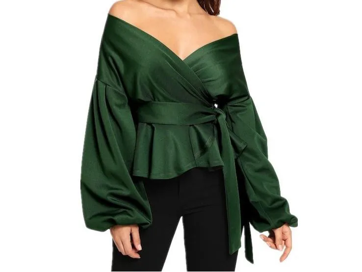 GV Plunging V-neck off shoulder long sleeve shirt