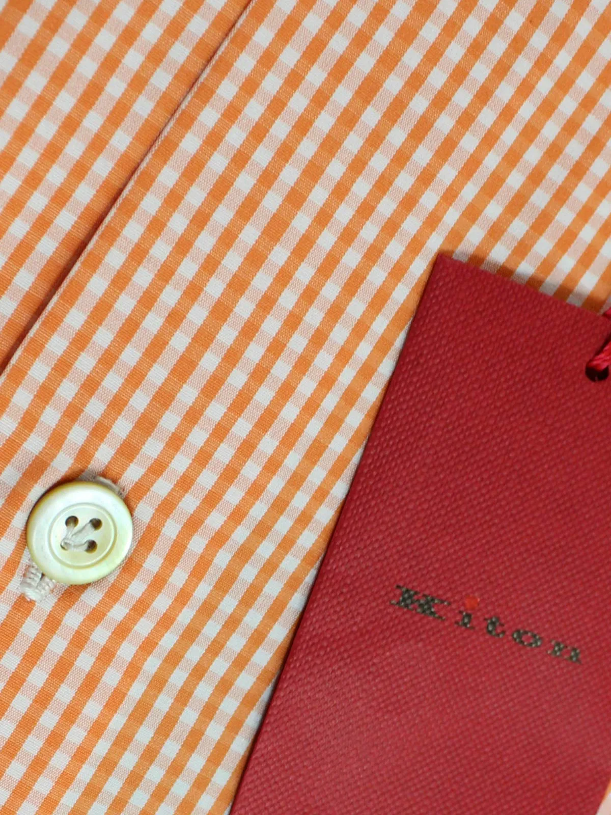 Kiton Short Sleeve Shirt White Orange Check Design 44 - 17 1/2 REDUCED - SALE