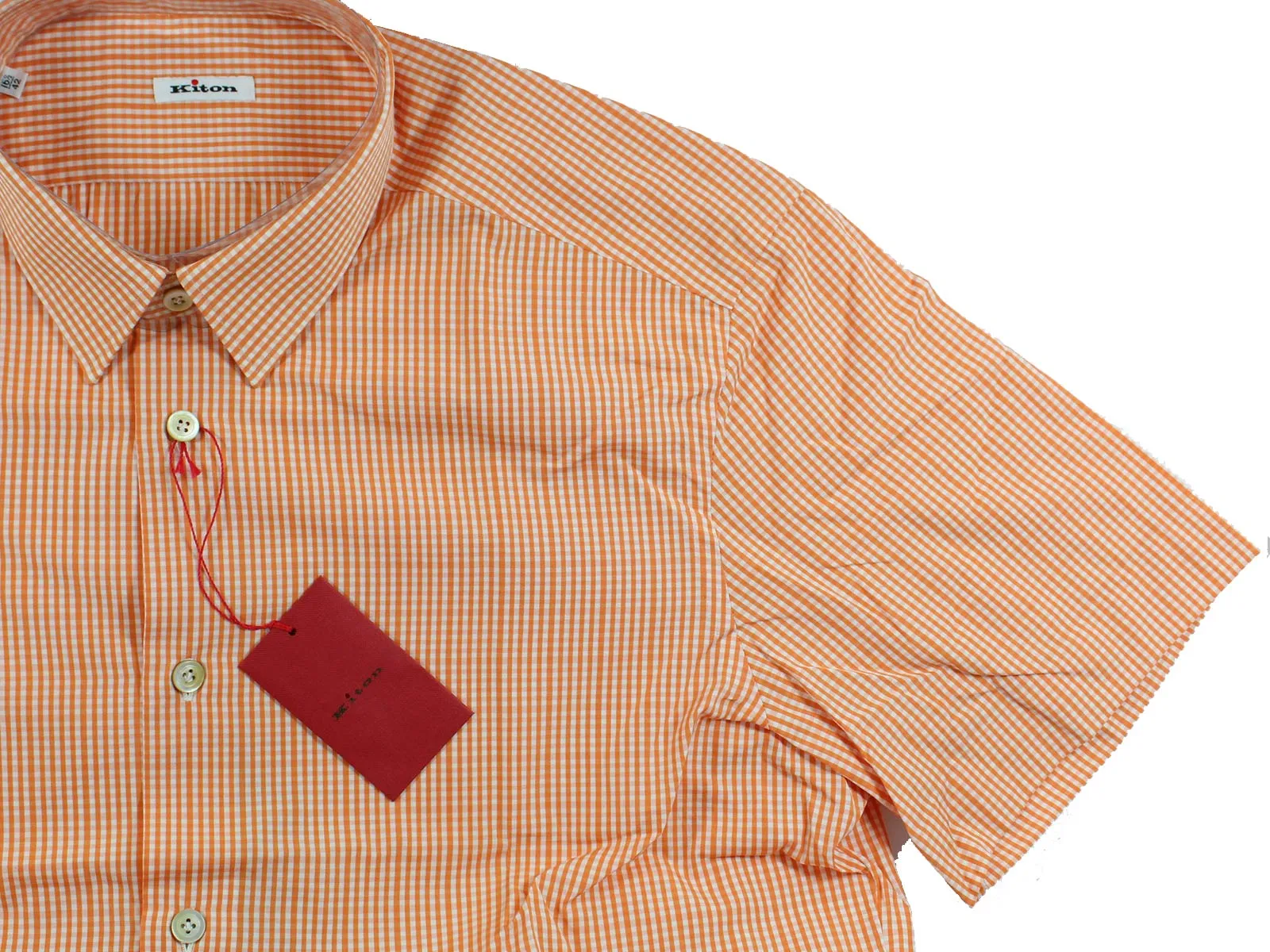 Kiton Short Sleeve Shirt White Orange Check Design 44 - 17 1/2 REDUCED - SALE