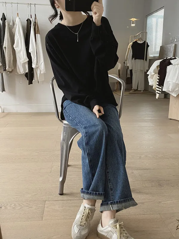 Long Sleeves Loose Solid Color Round-Neck T-Shirts Tops