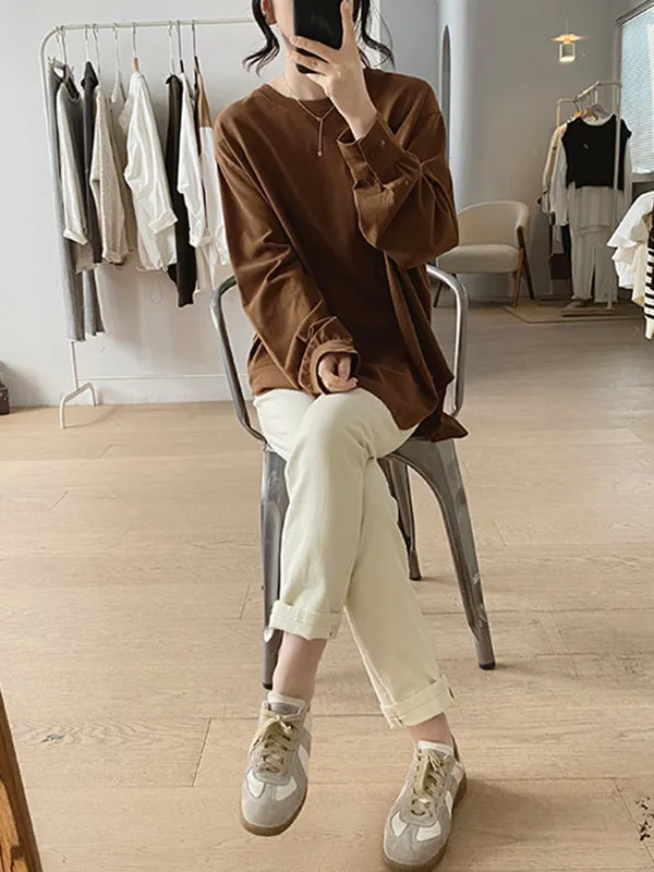 Long Sleeves Loose Solid Color Round-Neck T-Shirts Tops
