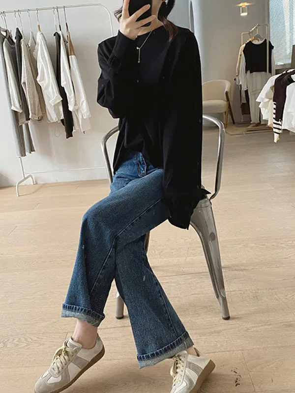 Long Sleeves Loose Solid Color Round-Neck T-Shirts Tops