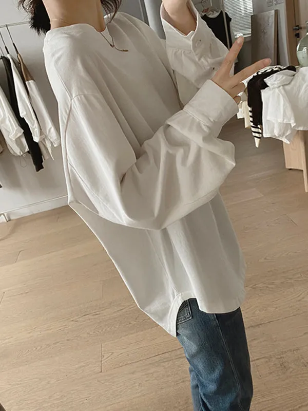 Long Sleeves Loose Solid Color Round-Neck T-Shirts Tops