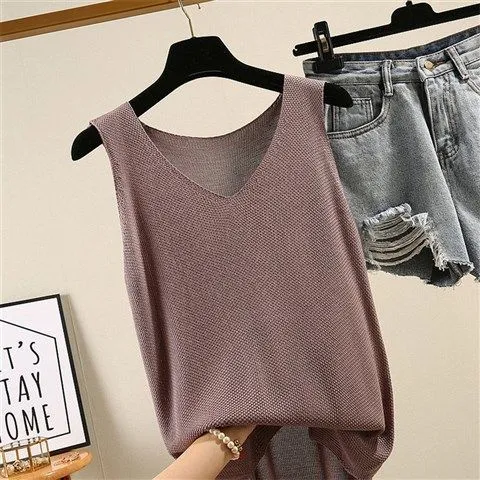 Loose Plus Size Camisole Women Summer Knitted Silk Outdoor Sleeveless T-Shirt Tank Top