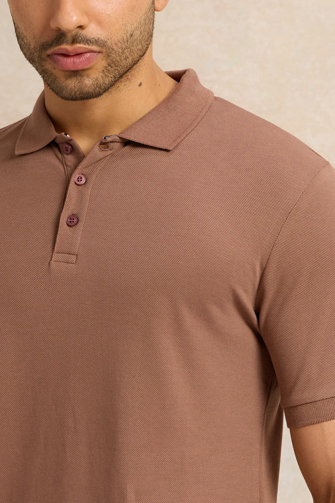 Men Beige Basic Pique Polo Shirt